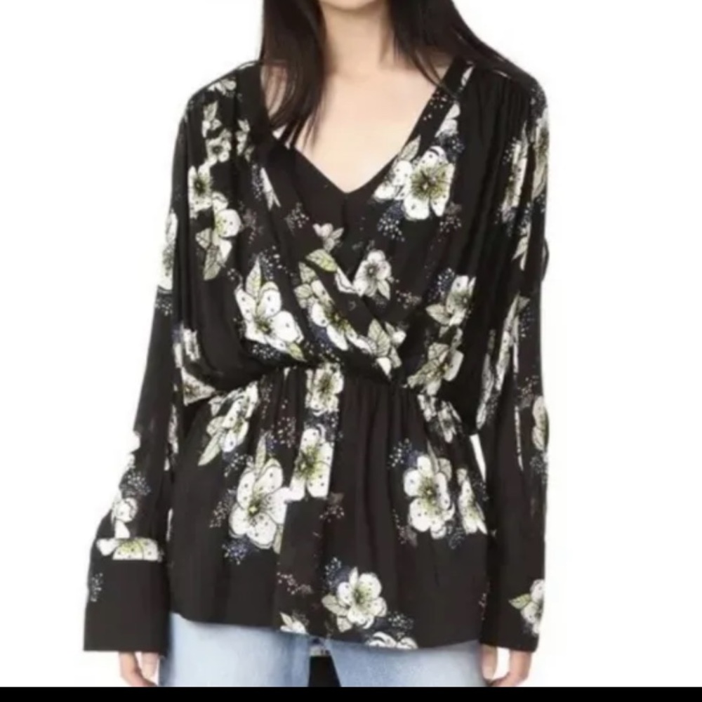 Free People Womens Size Medium Tuscan Dreams Black Floral Printed Tunic Blouse